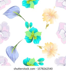 White Camellia. Green Orchid. Blue Anthurium Tailflower. Yellow hibiscus. Vector illustration. Seamless background pattern. Floral botanical flower. Wild leaf wildflower isolated. Exotic tropical.