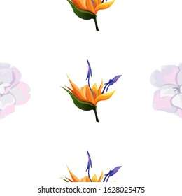 White Camellia. Orange Strelitzia. Vector illustration. Seamless background pattern. Floral botanical flower. Wild leaf wildflower isolated. Exotic tropical hawaiian jungle. Fabric wallpaper print.