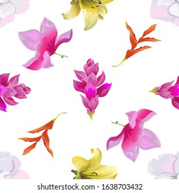 White Camellia. Pink Ginger. Yellow Lilium. Pink Magnolia. Orange Heliconia. Vector illustration. Seamless background pattern. Floral botanical flower. Wild leaf wildflower isolated. Exotic tropical.