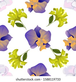 White Camellia. Purple Orchid. Yellow Lilium. Vector illustration. Seamless background pattern. Floral botanical flower. Wild leaf wildflower isolated. Exotic tropical hawaiian jungle. Fabric.