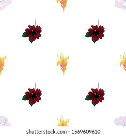 White Camellia. Red Rose Mallow. Yellow Guzmania. Vector illustration. Seamless background pattern. Floral botanical flower. Wild leaf wildflower isolated. Exotic tropical hawaiian jungle. Fabric.