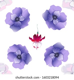 White Camellia. Violet Anemone. Red Fuchsia. Vector illustration. Seamless background pattern. Floral botanical flower. Wild leaf wildflower isolated. Exotic tropical hawaiian jungle. Fabric.