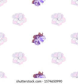 White Camellia. Violet Clematis. Vector illustration. Seamless background pattern. Floral botanical flower. Wild leaf wildflower isolated. Exotic tropical hawaiian jungle. Fabric wallpaper print.