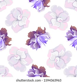 White Camellia. Violet Clematis. Vector illustration. Seamless background pattern. Floral botanical flower. Wild leaf wildflower isolated. Exotic tropical hawaiian jungle. Fabric wallpaper print.