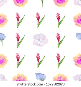 White Camellia. Yellow Magnolia. Blue Anthurium Tailflower. Red and Pink Ginger. Vector illustration. Seamless background pattern. Floral botanical flower. Wild leaf wildflower isolated. Exotic.