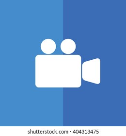 White camera icon vector illustration. Blue background