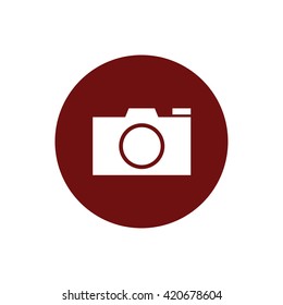 White camera icon vector. Red circle. Red button
