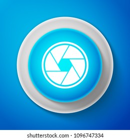 White Camera shutter icon isolated on blue background. Circle blue button with white line. Vector Illustration