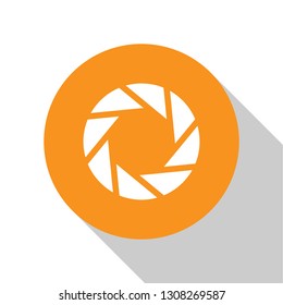 White Camera shutter icon isolated on white background. Orange circle button. Flat design. Vector Illustration