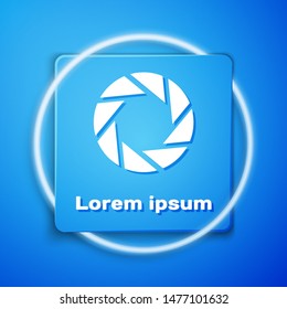 White Camera shutter icon isolated on blue background. Blue square button. Vector Illustration