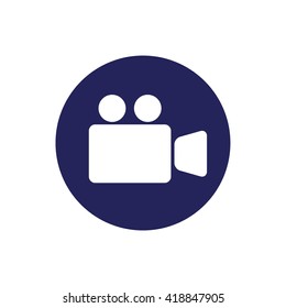 White camera vector icon illustration. Blue circle. Blue button