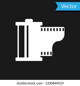 White Camera vintage film roll cartridge icon isolated on black background. Film reel icon. 35mm film canister. Filmstrip photographer equipment. Vector Illustration