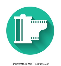 White Camera vintage film roll cartridge icon isolated with long shadow. Film reel icon. 35mm film canister. Filmstrip photographer equipment. Green circle button. Vector Illustration
