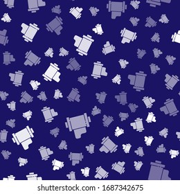 White Camera vintage film roll cartridge icon isolated seamless pattern on blue background. 35mm film canister. Filmstrip photographer equipment.  Vector Illustration