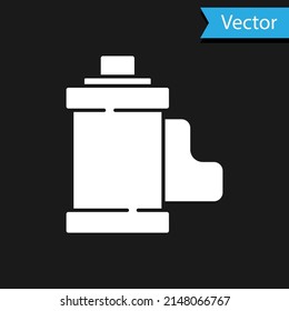 White Camera Vintage Film Roll Cartridge Icon Isolated On Black Background. 35mm Film Canister. Filmstrip Photographer Equipment. Vector