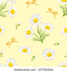 White camomiles and bows on yellow background seamless pattern. Vector floral illustration in cartoon simple flat style. Daisies flowers and green leaves.