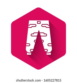 White Camouflage cargo pants icon isolated with long shadow. Pink hexagon button. Vector Illustration