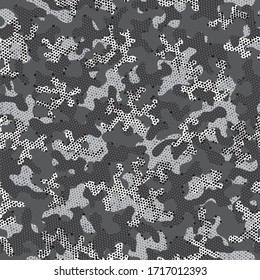 White Camouflage Seamless Pattern. Camouflage Army Snow Repeated Camo Graphic Wallpaper. Black Repeated Creative Vector Print. Silver Seamless Army Vector Pattern. Gray