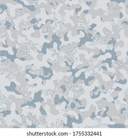 White Camouflage Seamless Pattern. Winter Repeated Army Graphic Clouds. Snow Repeated War Vector Print. Silver Seamless Military Vector Backdrop. Camouflage Seamless Gray