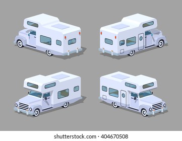 White camper. 3D lowpoly isometric vector illustration. The set of objects isolated against the grey background and shown from different sides