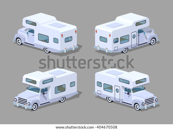 White camper. 3D lowpoly isometric vector\
illustration. The set of objects isolated against the grey\
background and shown from different\
sides