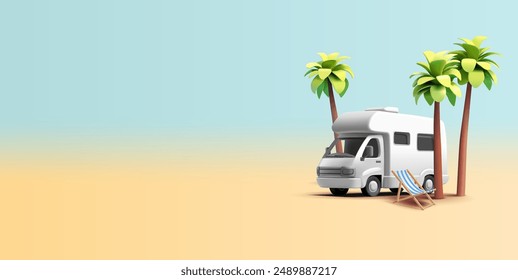 White camper, mobile home, palm trees, beach chair, 3D. Banner for travel and leisure concepts. Vector illustration.