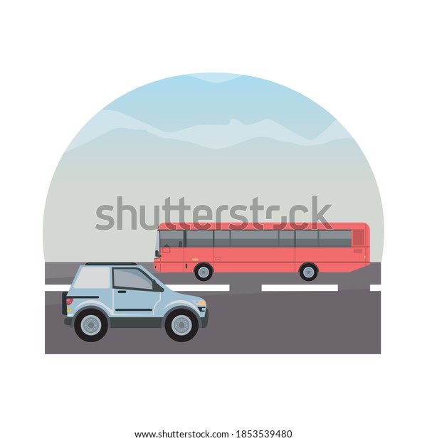 white camper and red bus vehicles mockup icon\
vector illustration\
design