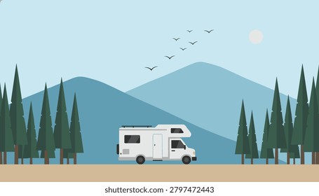 White camper van driving along a scenic road through a green pine forest with blue mountains in the background.