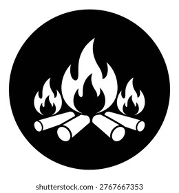 White campfire icon with flames and logs on black circular background icon