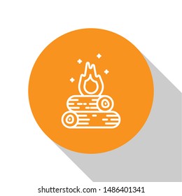 White Campfire icon isolated on white background. Burning bonfire with wood. Orange circle button. Vector Illustration