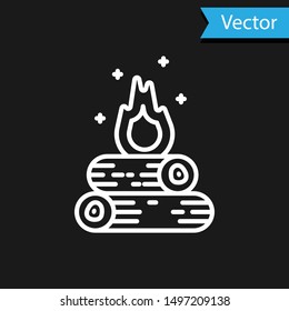 White Campfire icon isolated on black background. Burning bonfire with wood.  Vector Illustration