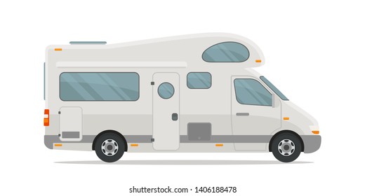 White camping car. Comfortable motorhome. Blank template for advertising. Rent a camper. Side view. Vector illustration, flat design style. Isolated on white background.