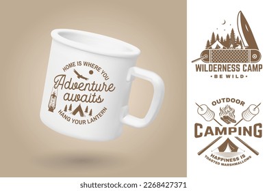 White camping cup. Realistic mug mockup template with sample design. Vector 3d illustration. Adventure awaits. Summer camp. Quotes about camping with knife, mountains, campfire, tent and forest