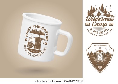 White camping cup. Realistic mug mockup template with sample design. Vector 3d illustration. First the coffee then the adventure. Summer camp. Quotes about camping with mountains, campfire, lantern