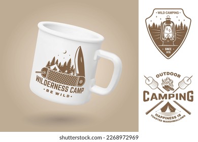 White camping cup. Realistic mug mockup template with sample design. Vector 3d illustration. Be wild. Summer camp. Quotes about camping with knife, mountains, campfire, tent, outdoor lantern