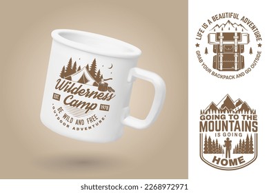 White camping cup. Realistic mug mockup template with sample design. Vector 3d illustration. Be wild and free. Summer camp. Quotes about camping with mountains, camping tent, hiker, backpack and