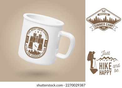 White camping cup. Realistic mug mockup template with sample design. Vector 3d illustration. The best view comes after the hardest climb. Summer camp. Quotes about camping with mountains, backpack