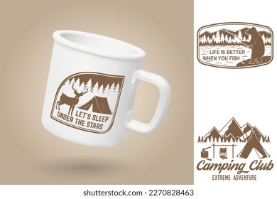 White camping cup. Realistic mug mockup template with sample design. Vector 3d illustration. Let's sleep under the stars. Summer camp. Quotes about camping with mountains, hiker, bear, deer, tent and