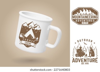 White camping cup. Realistic mug mockup template with sample design. Vector 3d illustration. Just hike and be happy. Summer camp. Quotes about camping with mountains, backpack, camper rv, hiker and