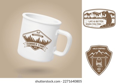 White camping cup. Realistic mug mockup template with sample design. Vector 3d illustration. Let's sleep under the stars. Summer camp. Quotes about camping with mountains, campfire, bear, tent and