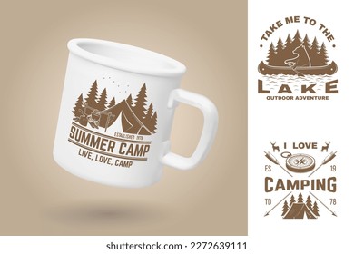White camping cup. Realistic mug mockup template with sample design. Vector 3d illustration. Live, love, camp. Summer camp. Quotes about camping with mountains, camper tent, pot on the fire, bear in