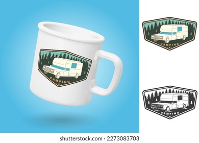 White camping cup. Realistic mug mockup template with sample design. Summer camp. Vector. Camping trailer emblem or patch. Typography design with RV Motorhome and forest silhouette. Color and monochro