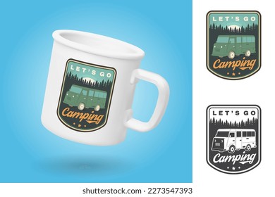 White camping cup. Realistic mug mockup template with sample design. Lets go camping. Summer camp. Vector. Vintage typography design with RV Motorhome and forest silhouette. Camping quote.