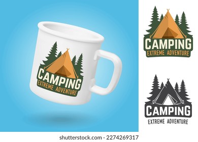 White camping cup. Realistic mug mockup template with sample design. Camping extreme adventure. Vector. Concept for shirt or logo, print, stamp, patch or tee. Vintage typography design with Camper ten