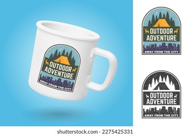 White camping cup. Realistic mug mockup template with sample design. Away from the city. Outdoor adventure patch. Vector illustration. Patch, sticker with camper tent in the forest and city landscape