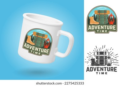 White camping cup. Realistic mug mockup template with sample design. Adventure time patch. Vector. Patch, sticker with hiking boot, lantern and backpack silhouette