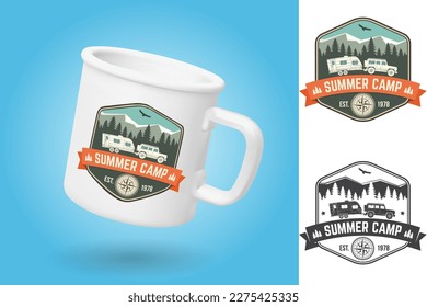 White camping cup. Realistic mug mockup template with sample design. Summer camp. Vector. Patch, sticker with camper trailer, forest and mountain silhouette.