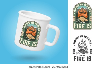 White camping cup. Realistic mug mockup template with sample design. Home is where the campfire is. Vector. Design with campfire silhouette