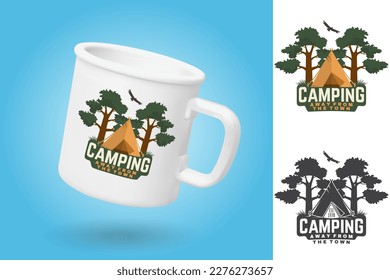 White camping cup. Realistic mug mockup template with sample design. Camping badge. Away from the town. Vector. Design with Camper tent and forest silhouette