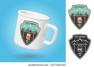 White camping cup. Realistic mug mockup template with sample design. Wild Camping patch. Vector. Vintage typography design with Camper tent, pot on the fire, and mountain silhouette